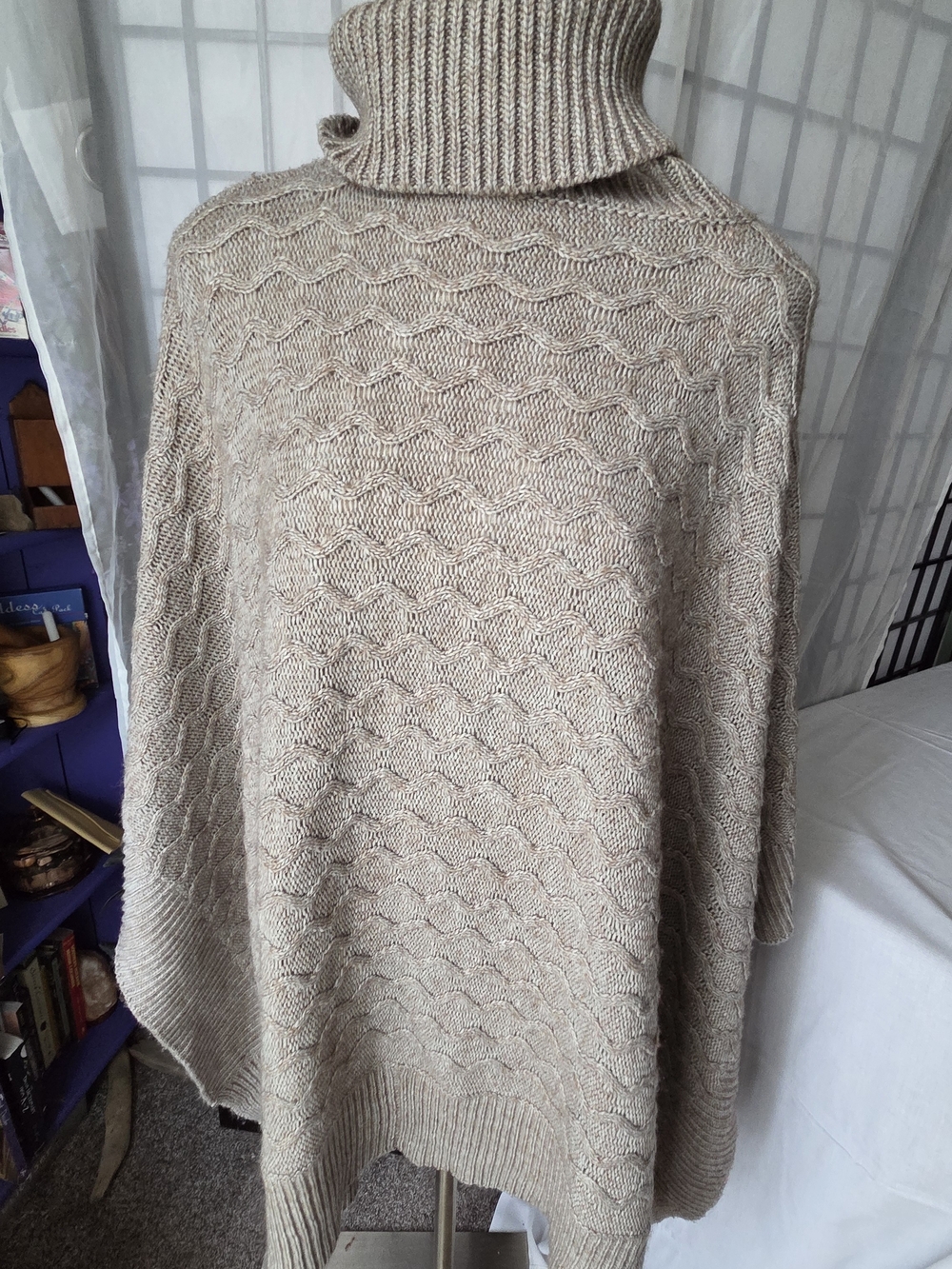 Turtleneck Cable Knit Poncho Sweater - Grey